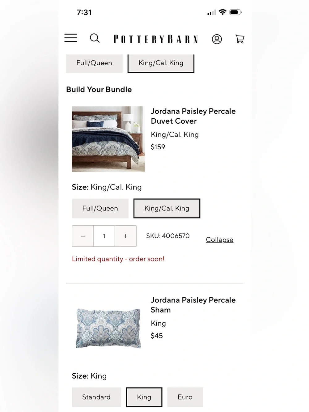 Pottery Barn King Cal King Jordana Paisley Percale Duvet Cover Two Sham Blue
